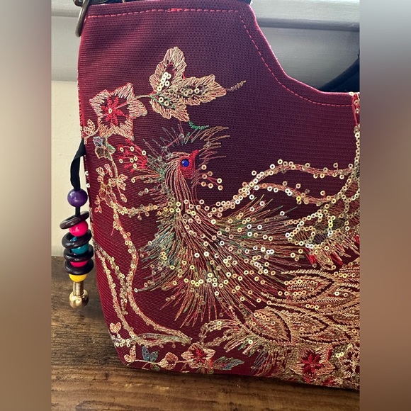 Red Embroidered Satchel, Double Handle Purse, Retro Style With Removable Strap - Picture 6 of 13